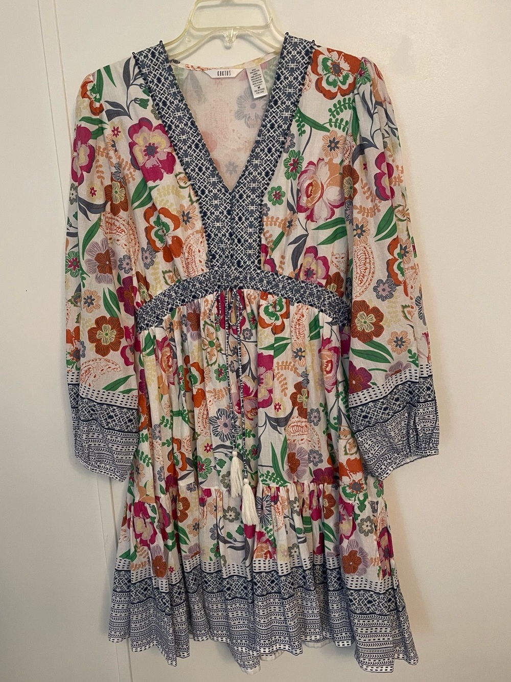 Kaktus Boho Floral Tiered Womens  Dress with Blue Trim Size M V Neck Cottagecore
